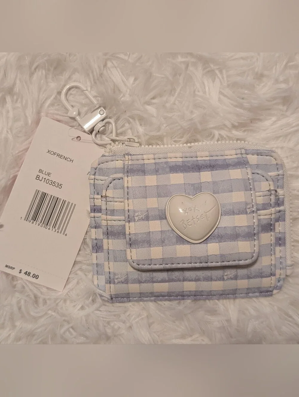 Betsey Johnson Blue and White Gingham Card Case with Heart Charm